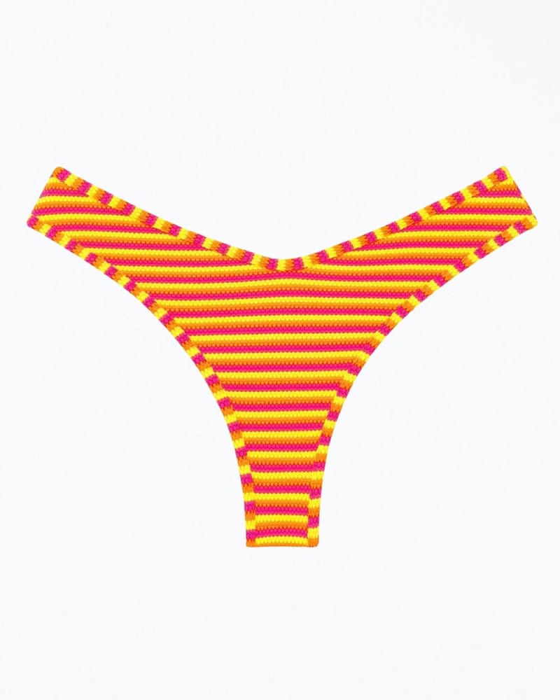 Front of a model wearing a size XL Lulu High-Leg Bikini Bottom In Neon Stripe in Neon Stripe by Montce. | dia_product_style_image_id:358905